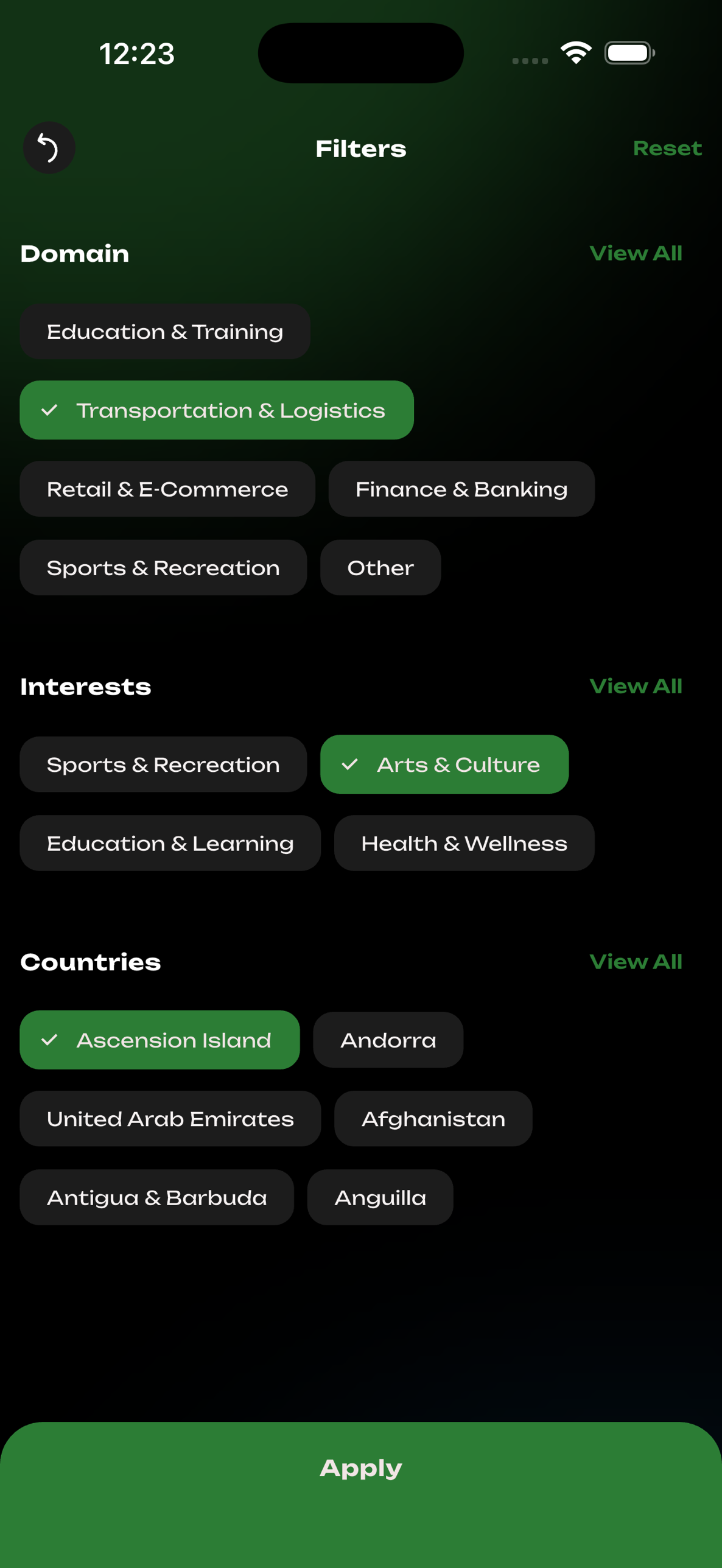 Filters by domain, interests, country